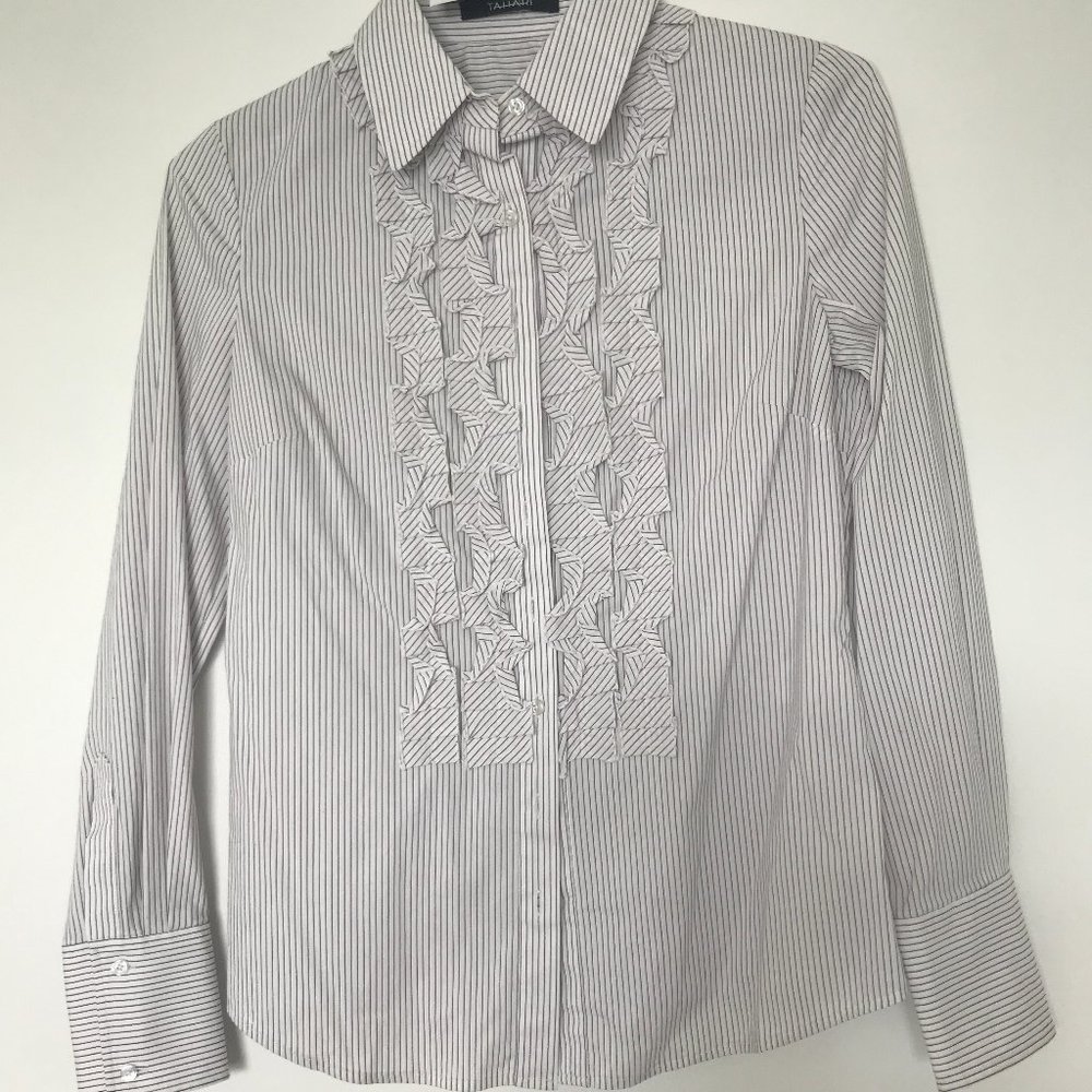 TAHARI Juliette Button Down White Striped Ruffled